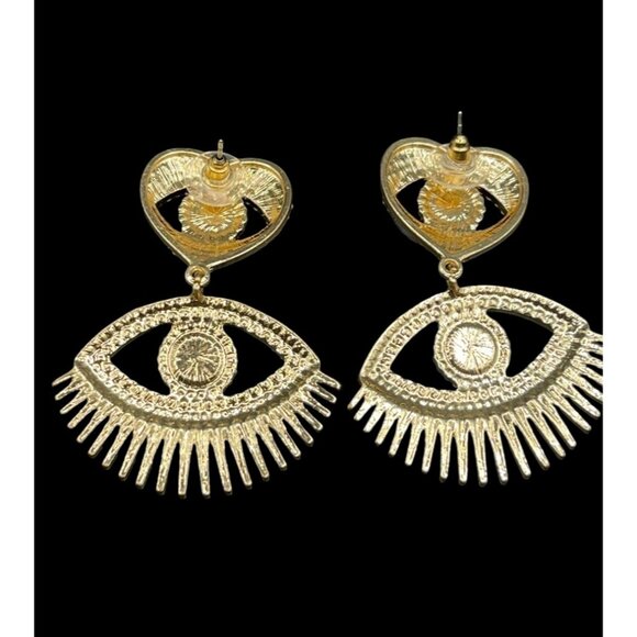 C&C California Evil Eye Heart Dangling Rhinestone Stud Gold Tone Earrings - Picture 5 of 5
